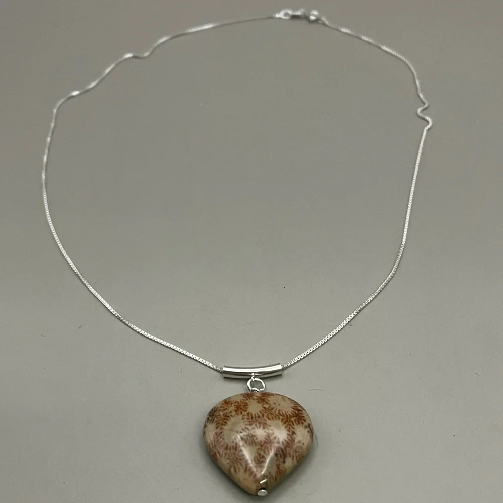 Heart-Shaped Brown Fossil Coral Stone Necklace with Sterling Silver Chain - Picture 3 of 5